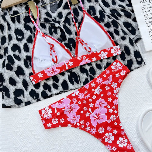 Load image into Gallery viewer, Sexy Flower Print Push Up Bikini Set High Cut Swimsuit High Waist Swimwear Halter Deep V Bathing Suit Women
