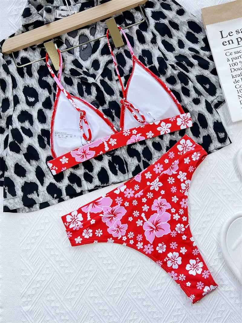 Sexy Flower Print Push Up Bikini Set High Cut Swimsuit High Waist Swimwear Halter Deep V Bathing Suit Women