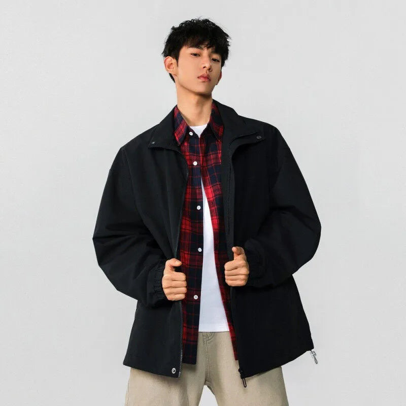 High Street Male Jacket Spring New Fake Two Pieces Lapel Plaid Design American Style Jackets Solid Color Men's Coats 9W1236