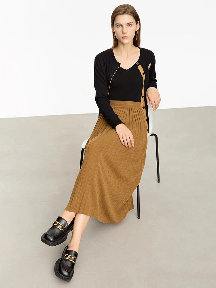 Minimalist 2024 Pleated Skirt for Women Clothing Autumn New Loose Elastic Waist Knitted Ankle-length A-line Skirts 12323091