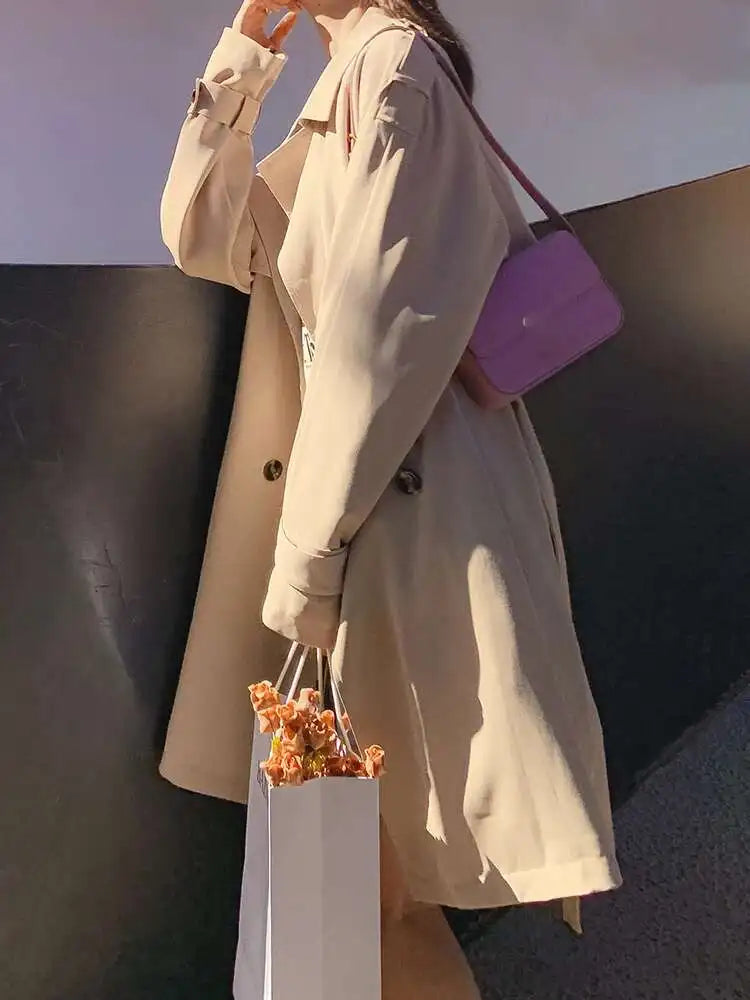 Women Khaki Back Pleated Big Size Elegant Trench New Lapel Long Sleeve Windbreaker Fashion Tide Spring Autumn 2025 1DH9716
