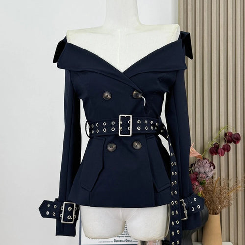 Load image into Gallery viewer, Slimming Spliced Lace Up Elegant Jackets for Women V Neck Long Sleeves Patchwork Double Breasted Jacket Female New
