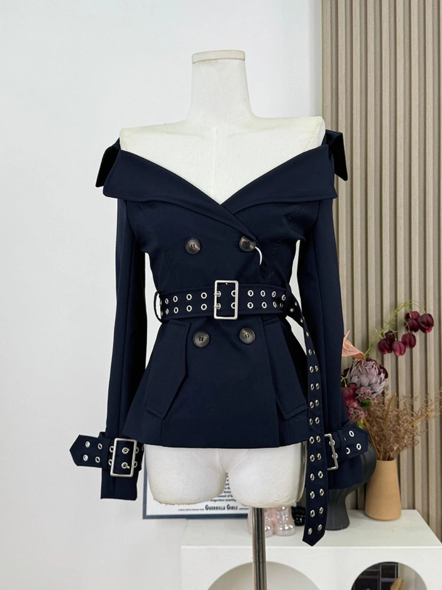 Slimming Spliced Lace Up Elegant Jackets for Women V Neck Long Sleeves Patchwork Double Breasted Jacket Female New