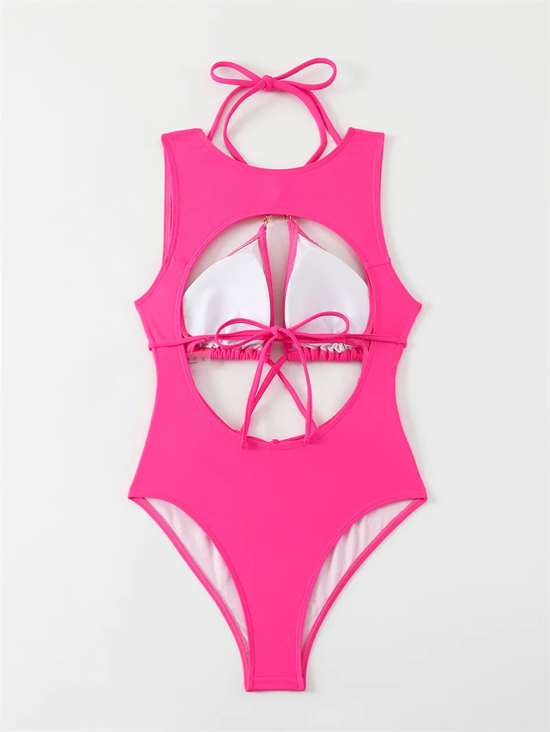 Cross Halter One Piece Swimsuit 2024 Swimwear for Women Sexy Hollow Out Bathing Suit Around Bandage Monokini