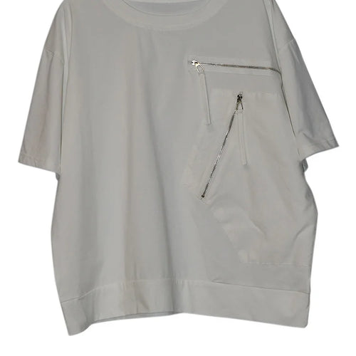 Load image into Gallery viewer, Women White Pocket Zipper Big Size Casual T-shirt New Round Neck Short Sleeve Fashion Tide Spring Summer 2025 1DJ0416
