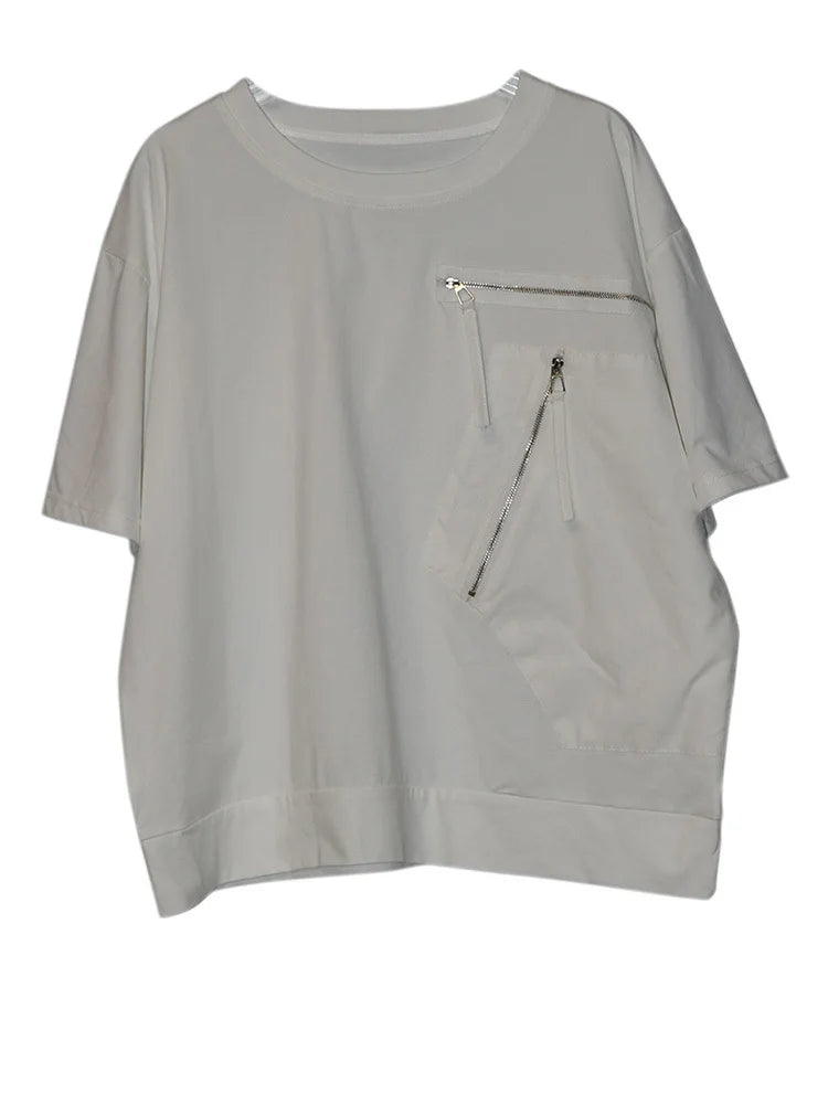 Women White Pocket Zipper Big Size Casual T-shirt New Round Neck Short Sleeve Fashion Tide Spring Summer 2025 1DJ0416