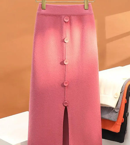 Solid Knit Wrap Hip Skirts Women 2023 Autumn Winter New Fashion Midi Skirt Vintage Casual Elastic High Waist Button Split Skirt