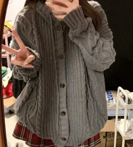 Japanese Loose Grunge Hooded Cardigans Casual Harajuku Women Single Breasted Coats Y2k Aesthetic Vintage Solid Twist Sweet Tops