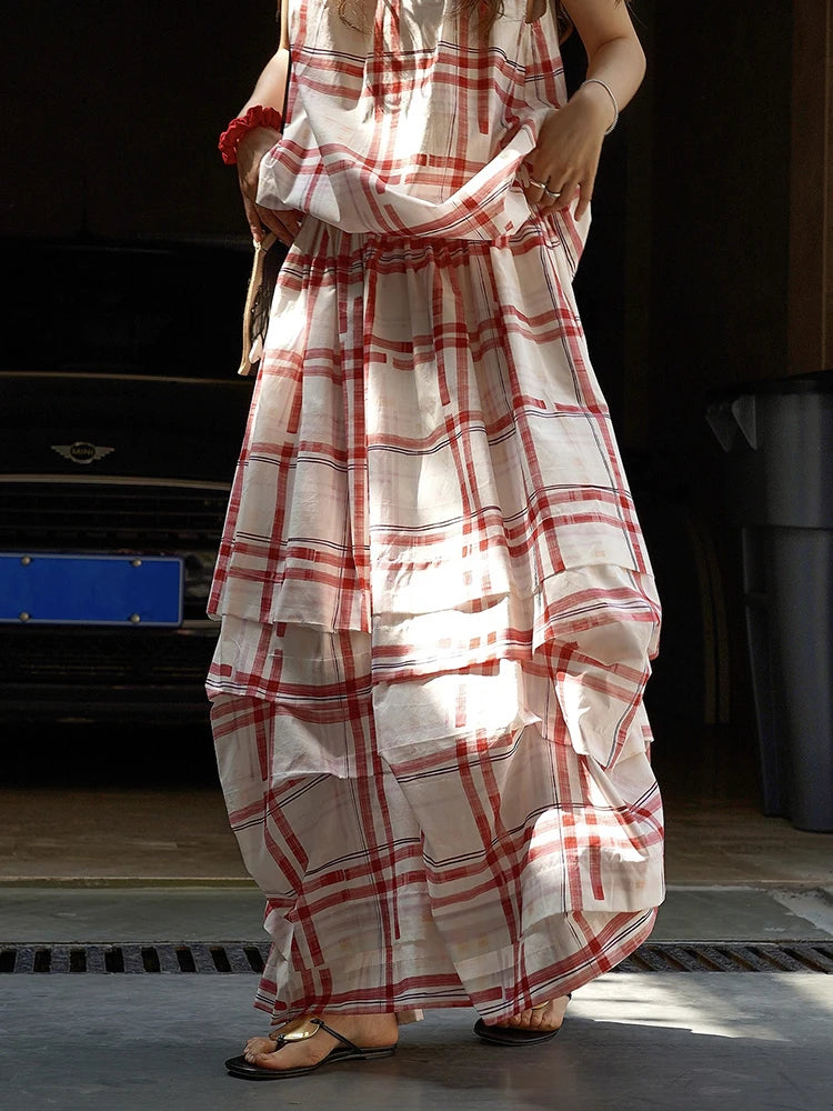 High Elastic Waist Blue Plaid Pleated Casual Long Bud Half-body Skirt Women Fashion Tide New Spring Autumn 2025 1DJ1114