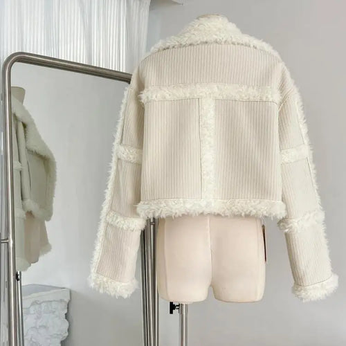 Load image into Gallery viewer, Korean Women Beige Spliced Lamb Wool Short Jacket Winter Elegant Long Sleeve Loose Lapel Warm Cardigan Coat New Lady Thick Trend
