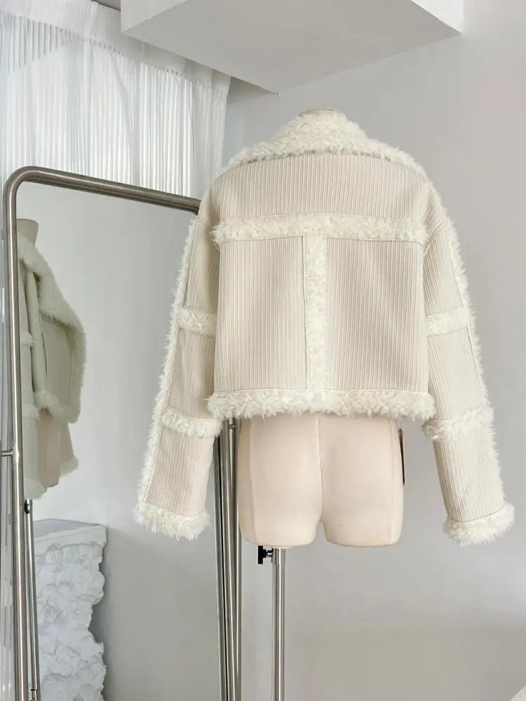 Korean Women Beige Spliced Lamb Wool Short Jacket Winter Elegant Long Sleeve Loose Lapel Warm Cardigan Coat New Lady Thick Trend