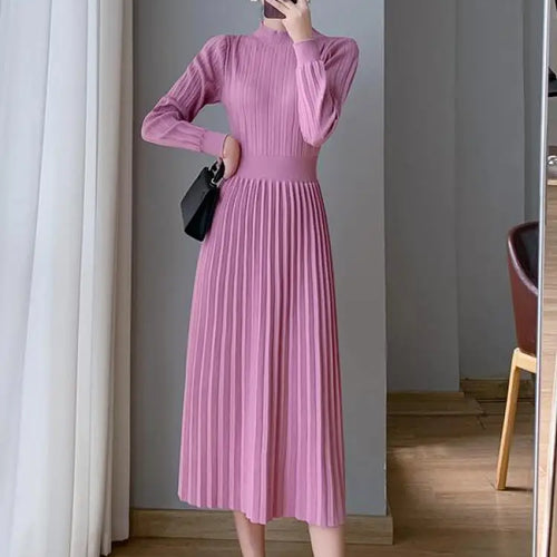Load image into Gallery viewer, Autumn Lady Fashion Black Half High Collar Knit Long Dress White Temperament Long Sleeve Elegant Ladies Pink Evening Party Dress
