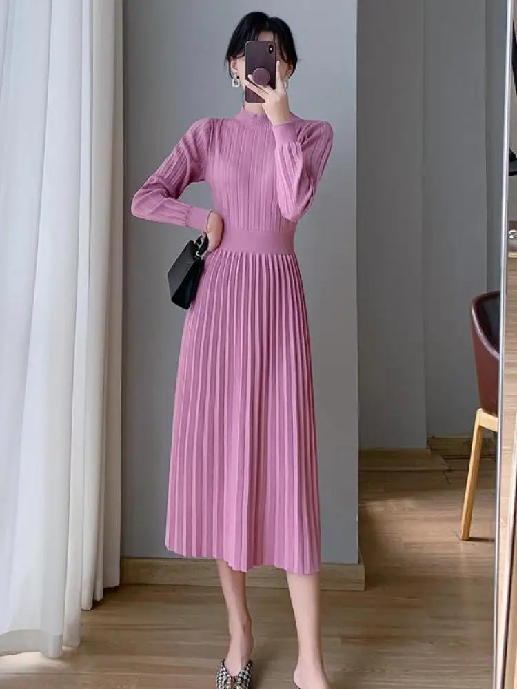 Autumn Lady Fashion Black Half High Collar Knit Long Dress White Temperament Long Sleeve Elegant Ladies Pink Evening Party Dress