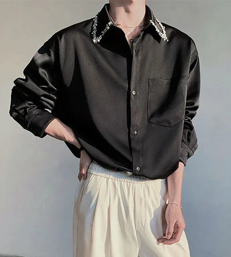 Korean Men's Shirts Long Sleeve New Summer Bead Decoration Turn-down Collar Trendy Single Breasted Male Clothing 9W1701