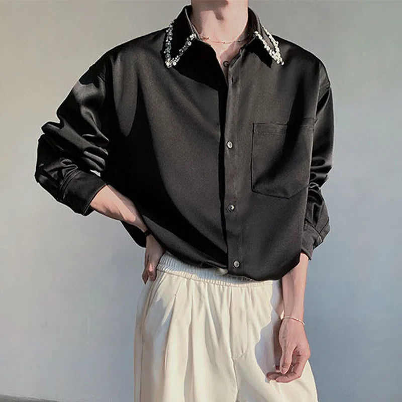 Korean Men's Shirts Long Sleeve New Summer Bead Decoration Turn-down Collar Trendy Single Breasted Male Clothing 9W1701
