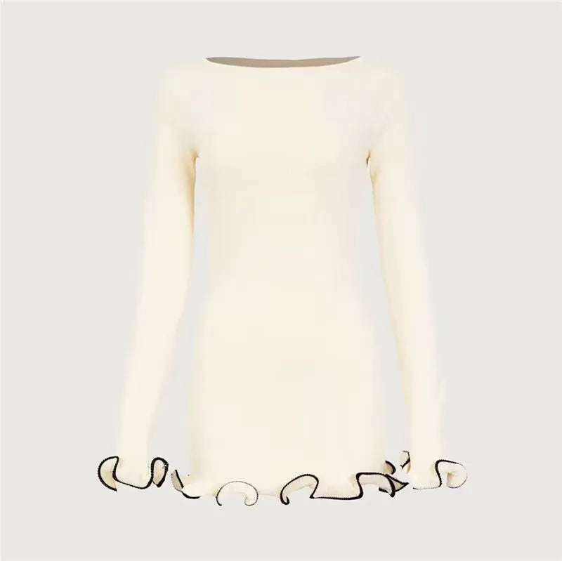 Long Sleeve Knit Mini Dress For Women Pullovers Sweater Dress Autumn Winter New Contrast Color O Neck Ruffled Dress