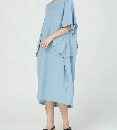 Women Blue Pleated Irregular Big Size Midi Dress New Round Neck Short Sleeve Fashion Tide Spring Summer 2025 1DJ1230