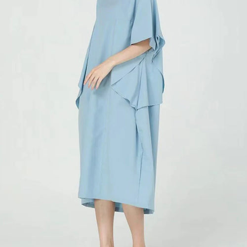 Load image into Gallery viewer, Women Blue Pleated Irregular Big Size Midi Dress New Round Neck Short Sleeve Fashion Tide Spring Summer 2025 1DJ1230
