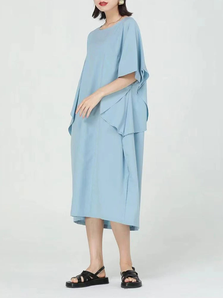 Women Blue Pleated Irregular Big Size Midi Dress New Round Neck Short Sleeve Fashion Tide Spring Summer 2025 1DJ1230