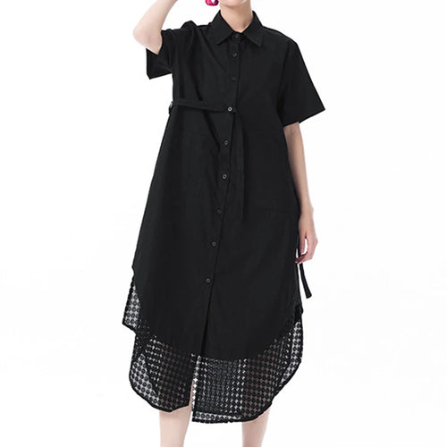 Load image into Gallery viewer, Women Blue Mesh Color-block Big Size Midi Shirt Dress New Lapel Short Sleeve Fashion Tide Spring Summer 2025 1DJ0932

