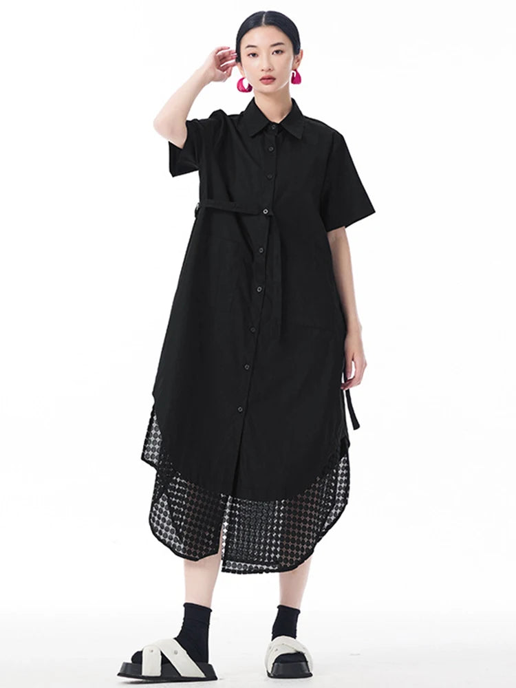 Women Blue Mesh Color-block Big Size Midi Shirt Dress New Lapel Short Sleeve Fashion Tide Spring Summer 2025 1DJ0932