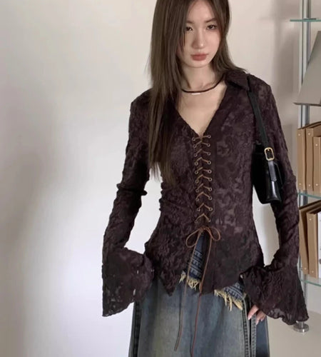 Grunge See Through Sexy Slim Women Shirts Lace Bandage Harajuku Blouse Fairy Flare Sleeve Sweet Y2k Aesthetic Blusas De Mujer