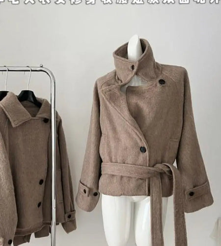 Korean Brown Vacation Loose Short Woolen Coat Women 2024 Autumn Winter Fashion Button Bandage Jacket Streetwear Casual Popular