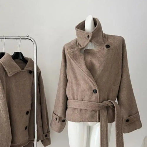 Load image into Gallery viewer, Korean Brown Vacation Loose Short Woolen Coat Women 2024 Autumn Winter Fashion Button Bandage Jacket Streetwear Casual Popular
