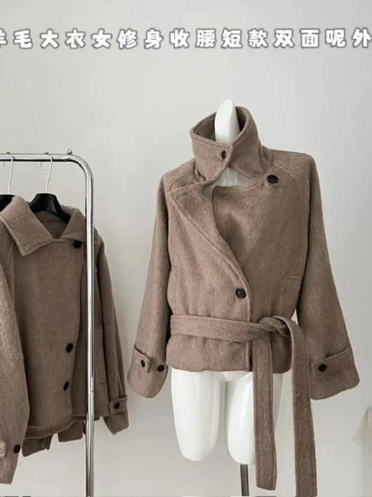 Korean Brown Vacation Loose Short Woolen Coat Women 2024 Autumn Winter Fashion Button Bandage Jacket Streetwear Casual Popular
