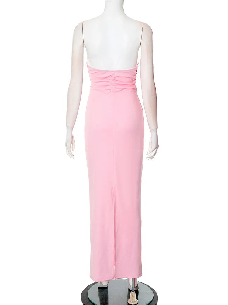 Rose Strapless Sexy Maxi Dress Women Pink Gown Off-shoulder V Neck Backless Sleeveless Bodycon Beach Club Long Dress