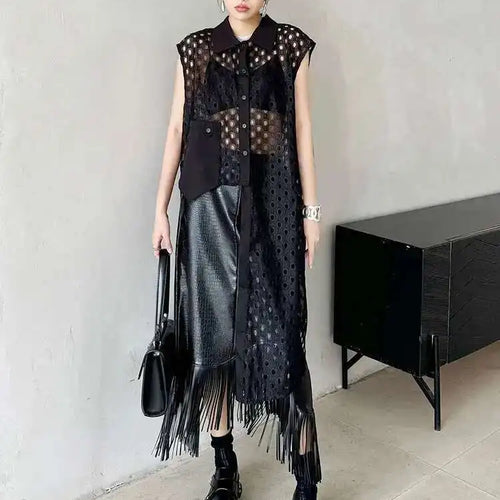 Load image into Gallery viewer, Women White Mesh Irreuglar Perspective Big Size Blouse New Lapel Sleeveless Shirt Fashion Tide Spring Summer 2025 1DH5527
