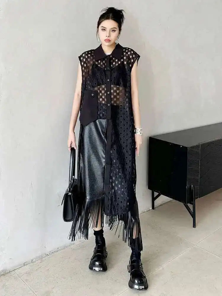 Women White Mesh Irreuglar Perspective Big Size Blouse New Lapel Sleeveless Shirt Fashion Tide Spring Summer 2025 1DH5527