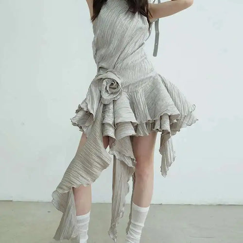 Load image into Gallery viewer, Women Gray Three-dimensional Flower Ruffles Mini Dress New Round Neck Sleeveless Fashion Tide Spring Summer 2025  1DJ0678
