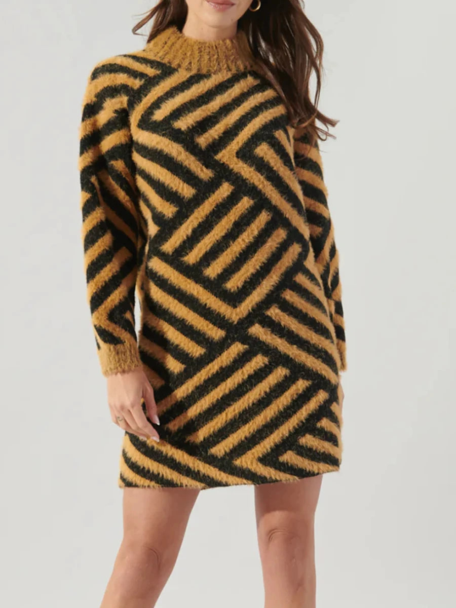 Hit Color Spliced Striped Fashion Sweaters for Women Round Neck Long Sleeves Casual Long Sweater Female Clothing New