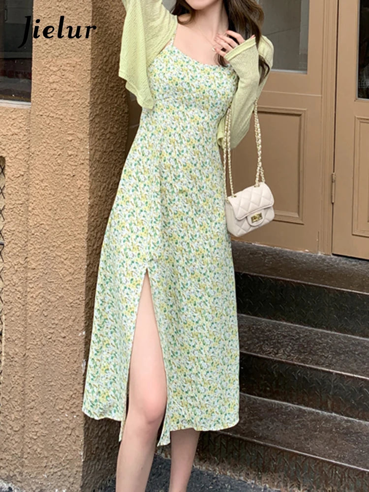 French Style New Two Piece Set Printed Women Dresses Strapless Chiffon Split Dress Solid Color Simple Fashion Streetwear