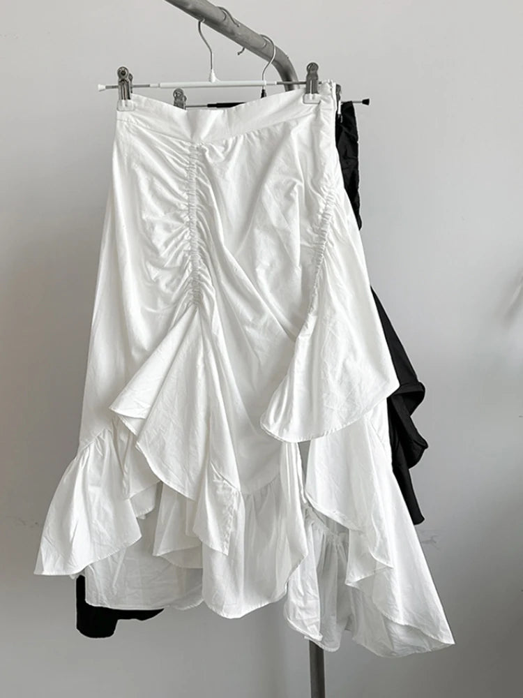 High Waist White Pleated Ruffles Irregular Slit Elegant Half-body Skirt Women Fashion Tide New Spring Autumn 2025 1DJ0094