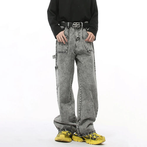 Load image into Gallery viewer, High Street Men&#39;s Denim Pants Solid Color Side Pockets Ribbon Washing Cargo Trousers Straight Loose Male Bottom New 9C8890
