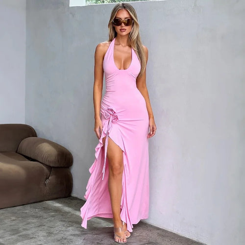 Load image into Gallery viewer, Flower Draped Split Long Dress For Women Fashion Halter Deep V Neck Sleeveless Backless Bodycon Club Party Long Dress
