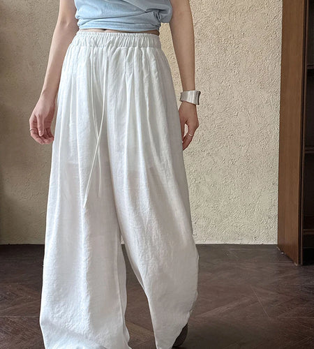 High Elastic Waist Beige Linen Drawstring Long Wide Leg Pants New Trousers Women Fashion Tide Spring Autumn 2025  1DJ0991