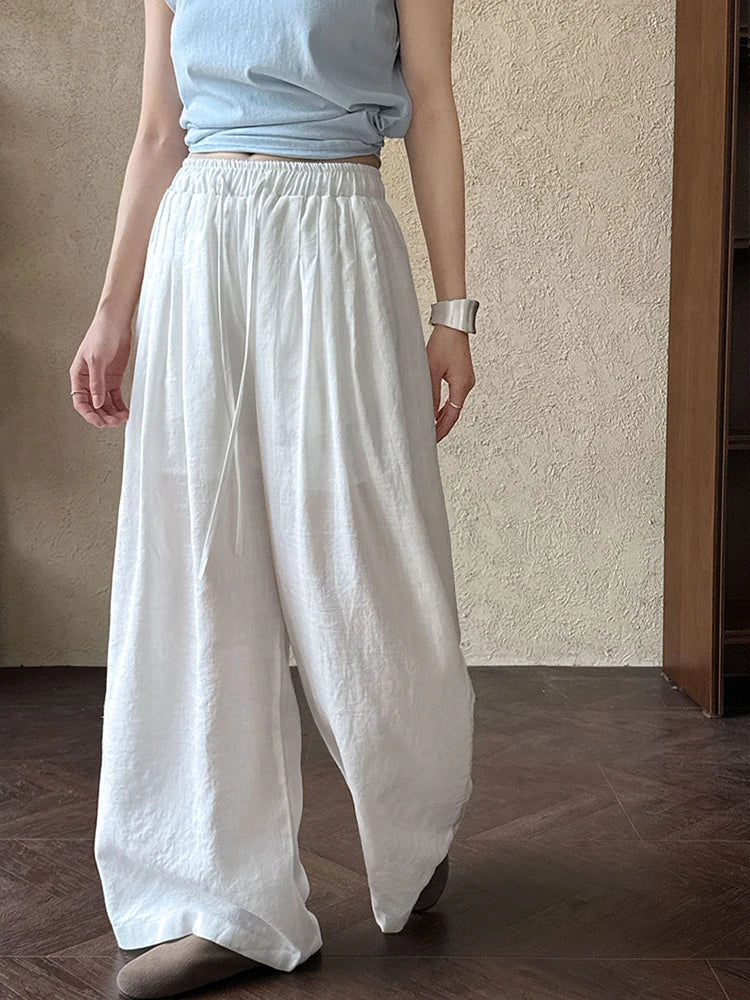 High Elastic Waist Beige Linen Drawstring Long Wide Leg Pants New Trousers Women Fashion Tide Spring Autumn 2025  1DJ0991