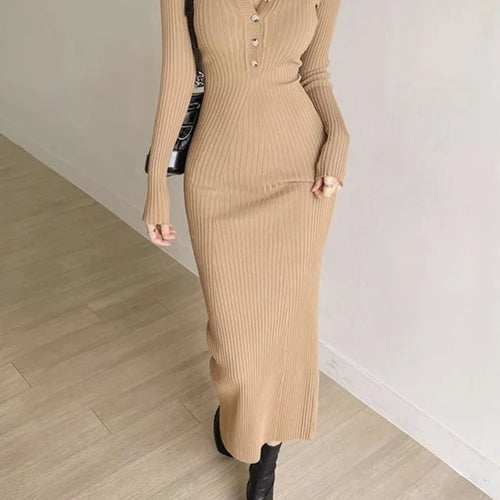 Load image into Gallery viewer, Autumn Knit Knitted Korean Vintage Bodycon Wrap Long Dress Women Kpop Elegant Long Sleeve Party Dresses
