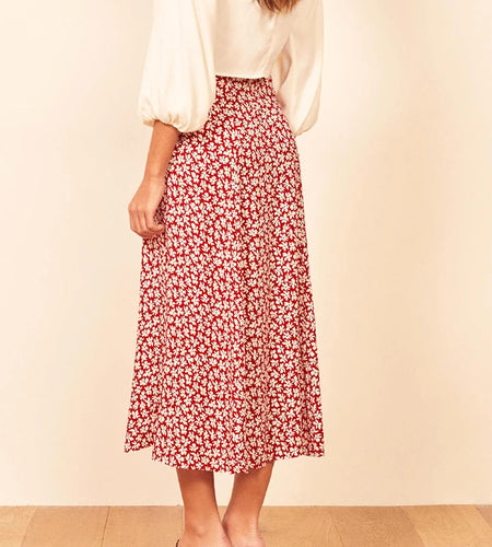 Fashion vintage skirt 2024 flower polka dot print high waist stretch split long A-line skirts for women beach maxi skirt