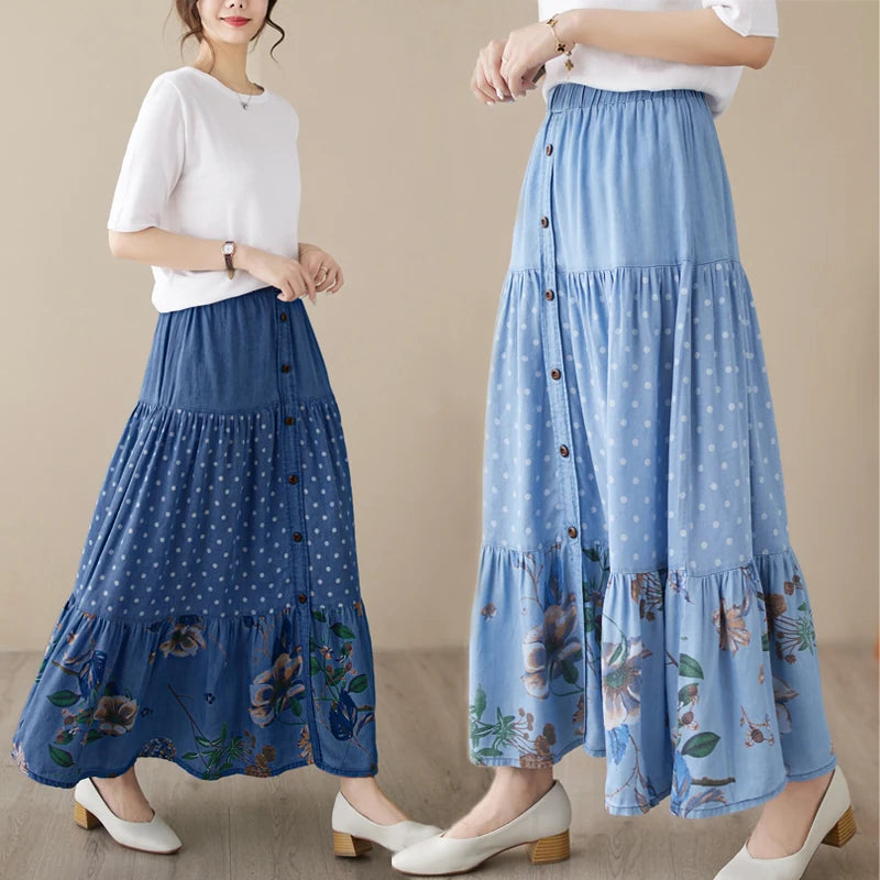 Casual Vintage Denim Skirt Floral Print A-line Pleated Long Skirts Summer Women Elegant Holiday Clothes Elastic Waist Midi Skirt