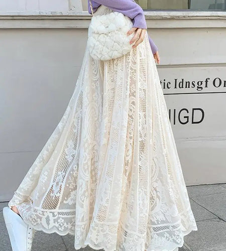 Spring Summer French Fashion Vintage Solid Lace Slim Long Skirt Women High Waist Elegant Party Pleated A-line Skirt New Clothing