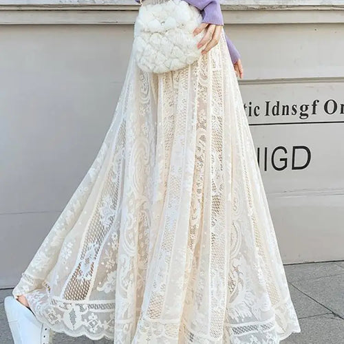 Load image into Gallery viewer, Spring Summer French Fashion Vintage Solid Lace Slim Long Skirt Women High Waist Elegant Party Pleated A-line Skirt New Clothing
