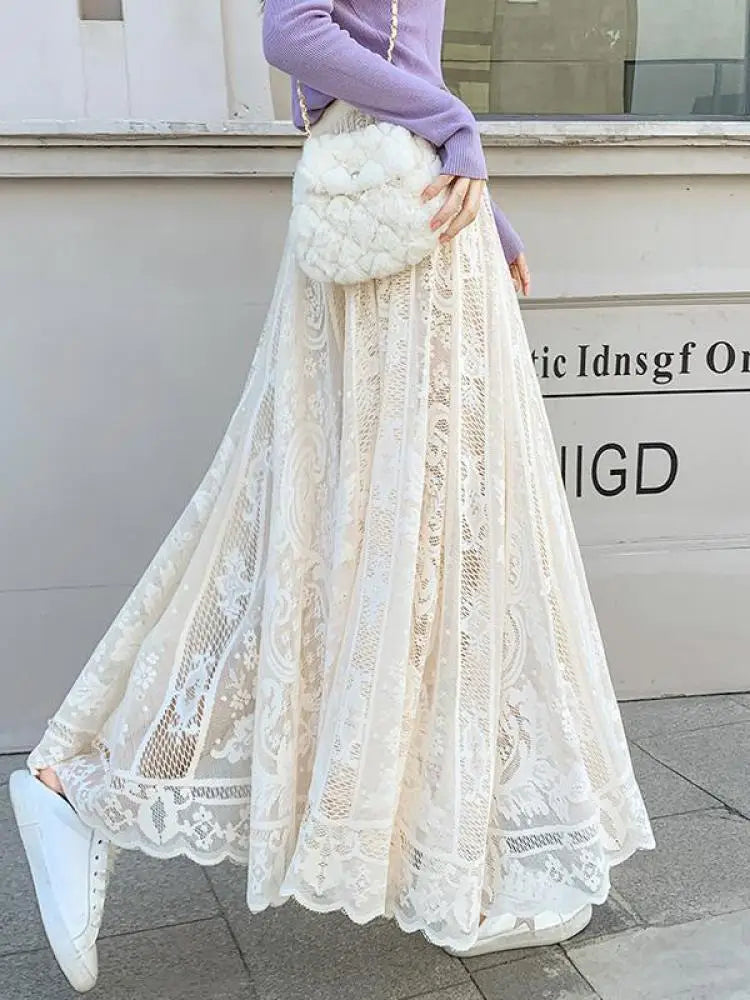 Spring Summer French Fashion Vintage Solid Lace Slim Long Skirt Women High Waist Elegant Party Pleated A-line Skirt New Clothing