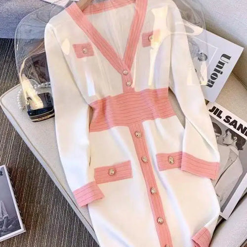 Load image into Gallery viewer, Spring French Black Temperament V Neck Long Sleeve Button Dress Women White Pink Patchwork Office Wrap Hip Knit Short Dress Chic

