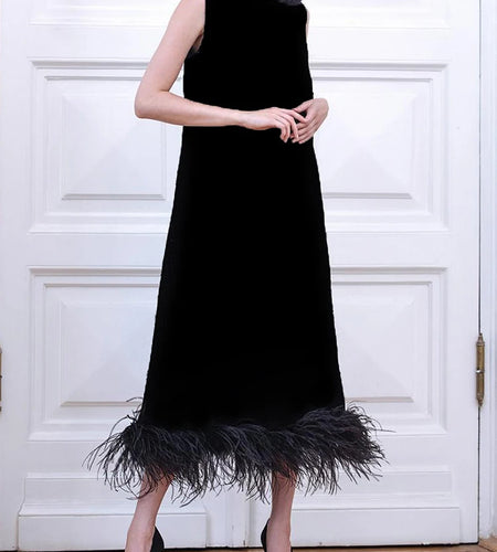 Patchwork Feathers Hem Tank Dress For Women Round Neck Sleeveless High Waist Solid Mini Dresses Female 2022 Clothing Fashion