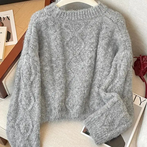 Load image into Gallery viewer, French Fashion Autumn Winter Beige Yellow Elegant Drawstring Lace-up Short Sweater Women's 2024 New Grey Long Sleeved Knit Tops

