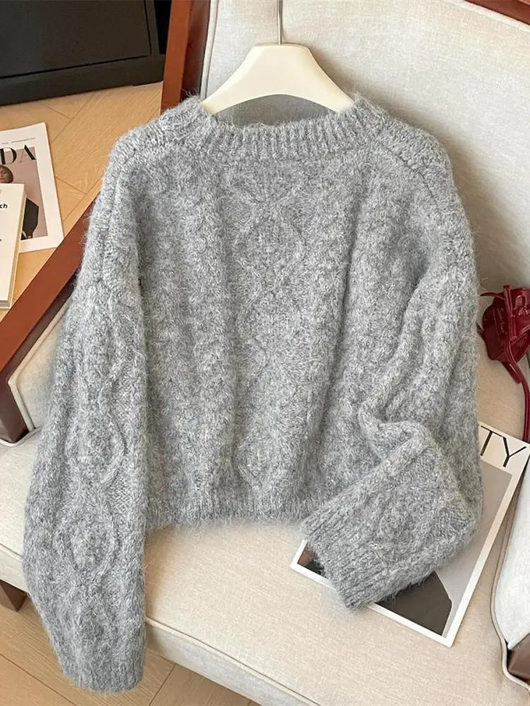 French Fashion Autumn Winter Beige Yellow Elegant Drawstring Lace-up Short Sweater Women's 2024 New Grey Long Sleeved Knit Tops